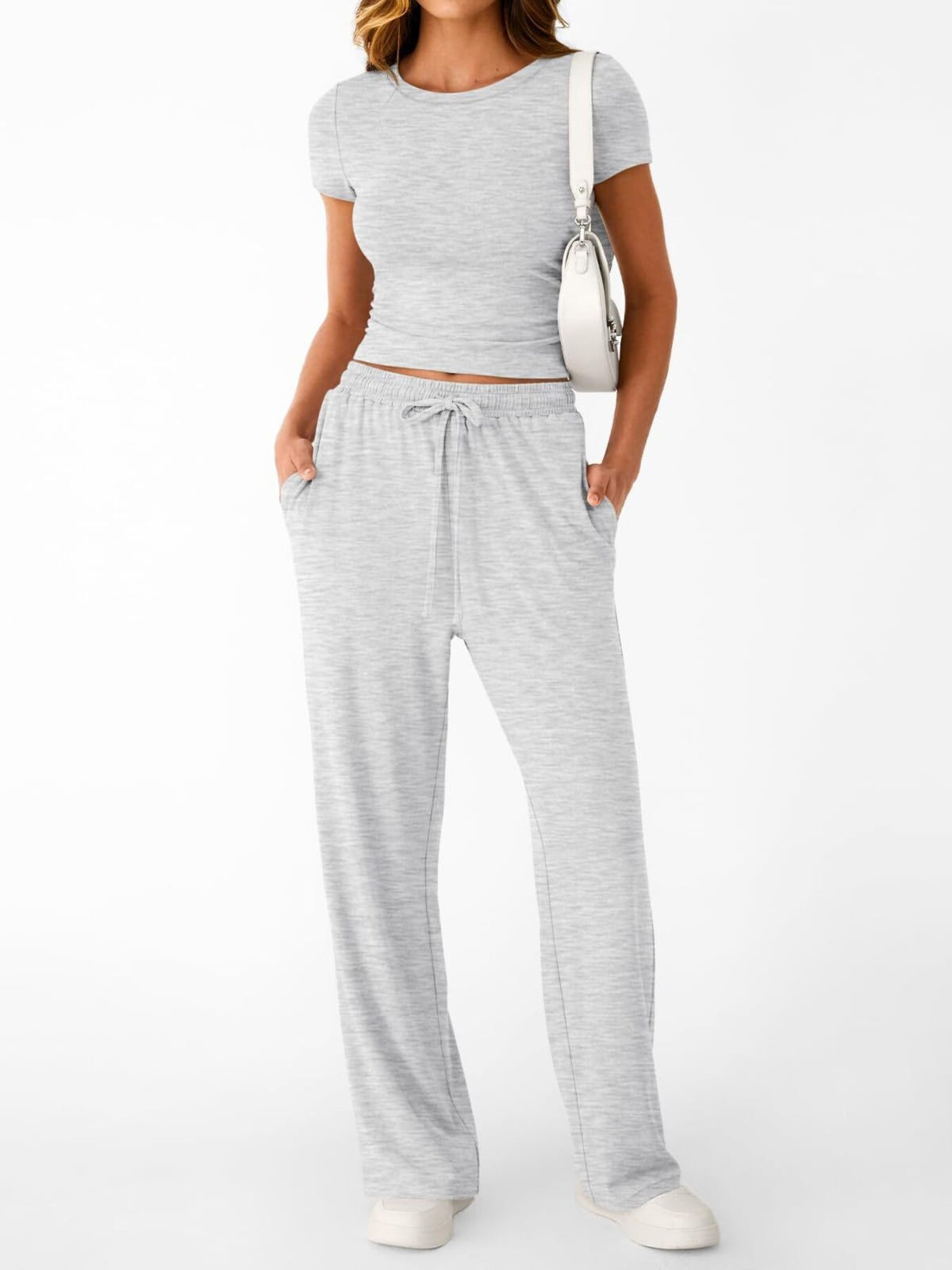 Round neck short sleeve tee and pants set front view