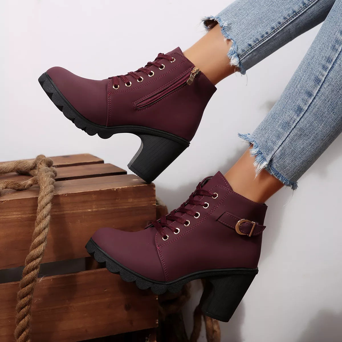 Lace up block heel suede boots standing pose