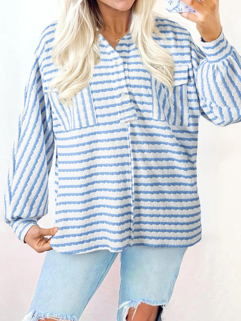 Striped half button collared loose fit shirt front view