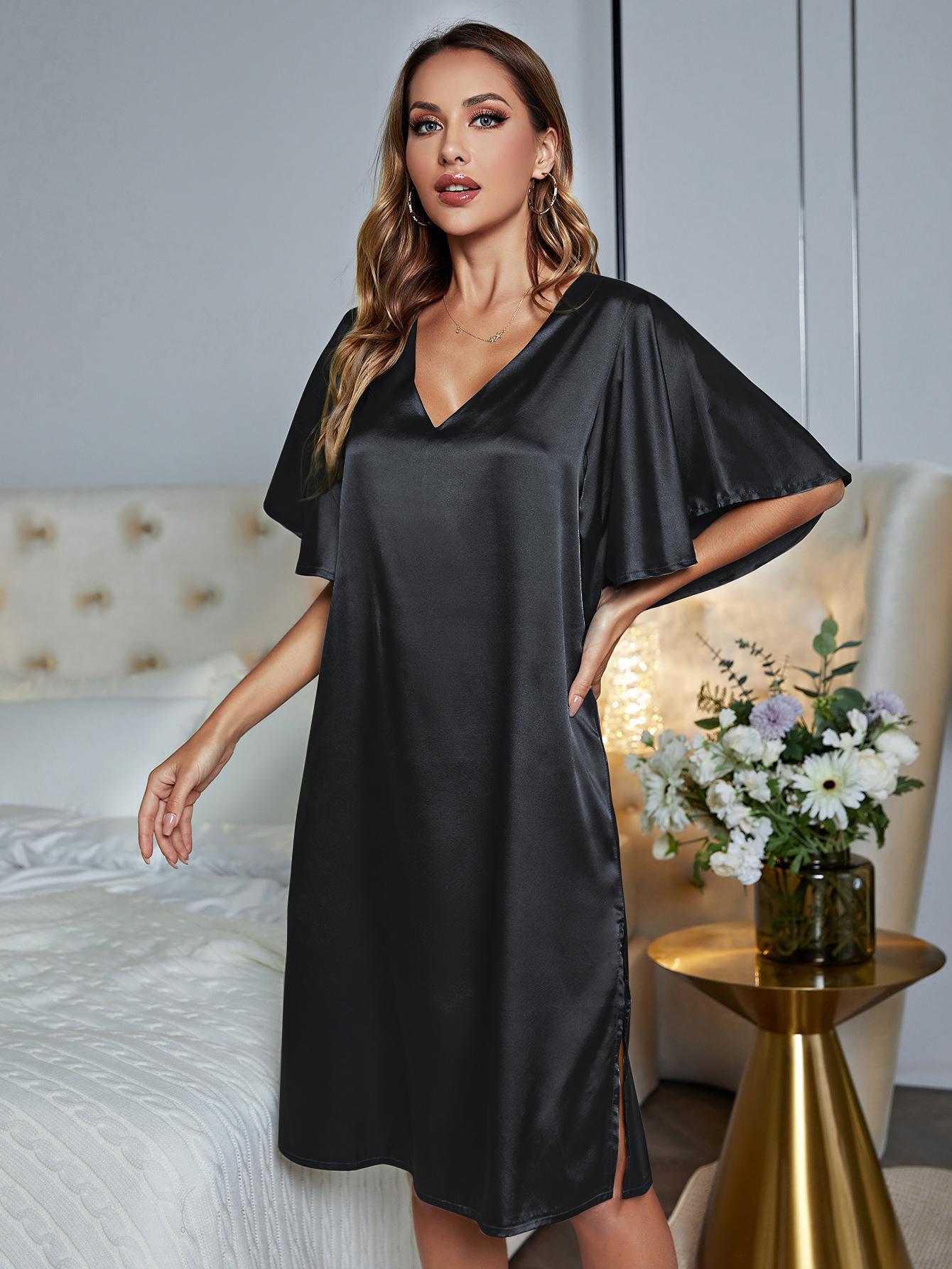V-Neck Flutter Sleeve Night Dress - Fashorio