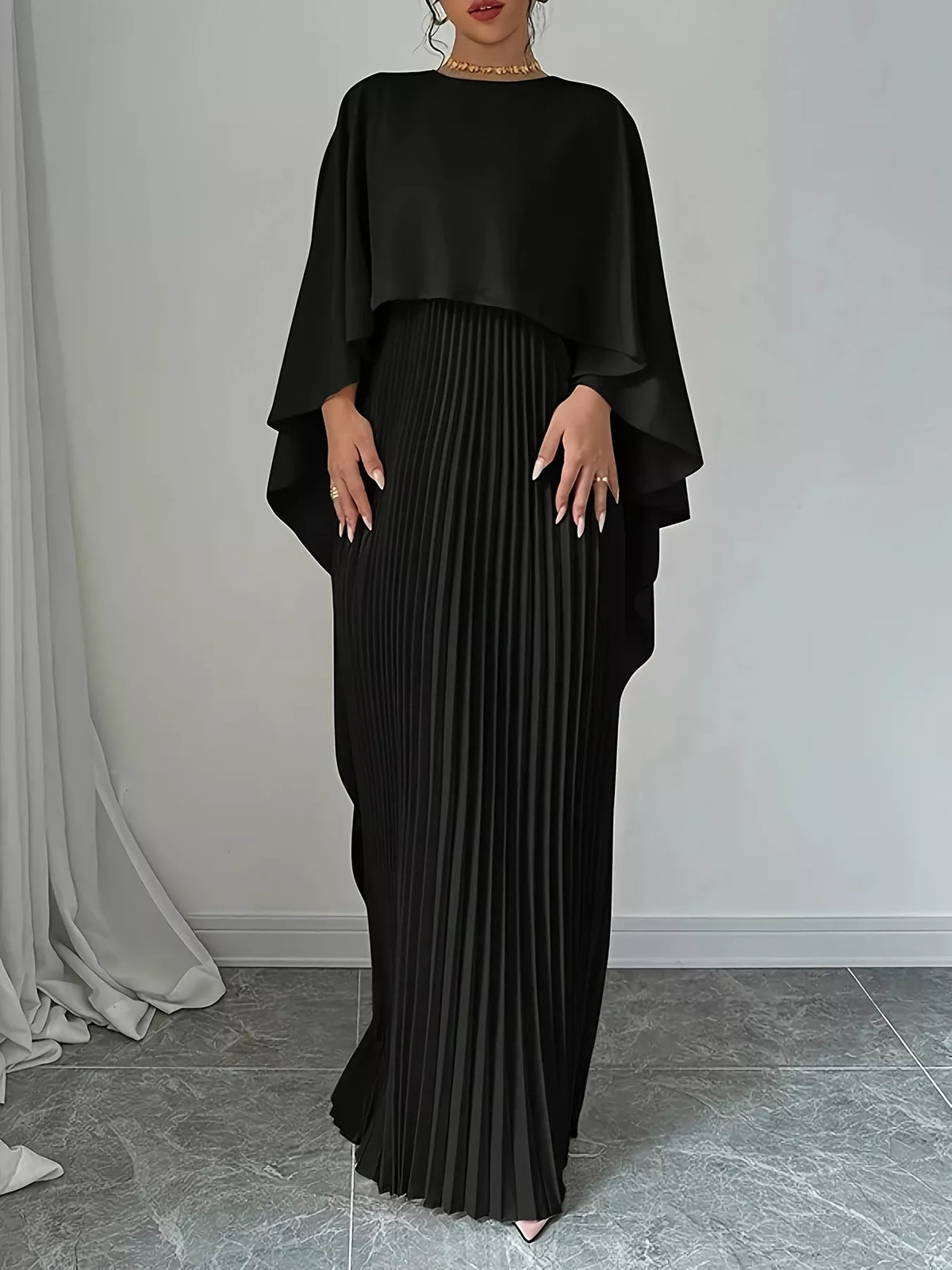cape sleeve pleated maxi dress three quarter view