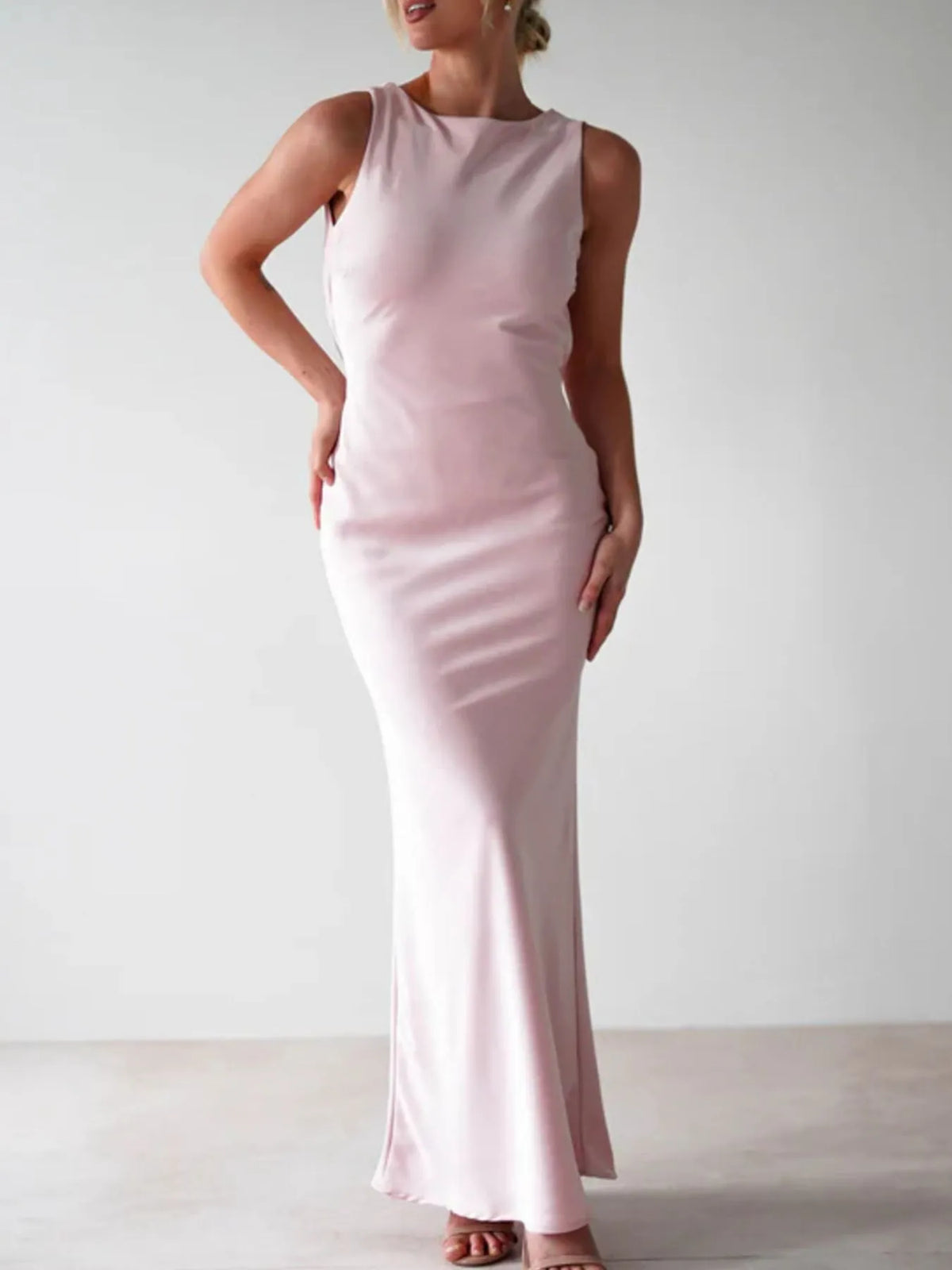 Satin Sleeveless Maxi Dress, full length view