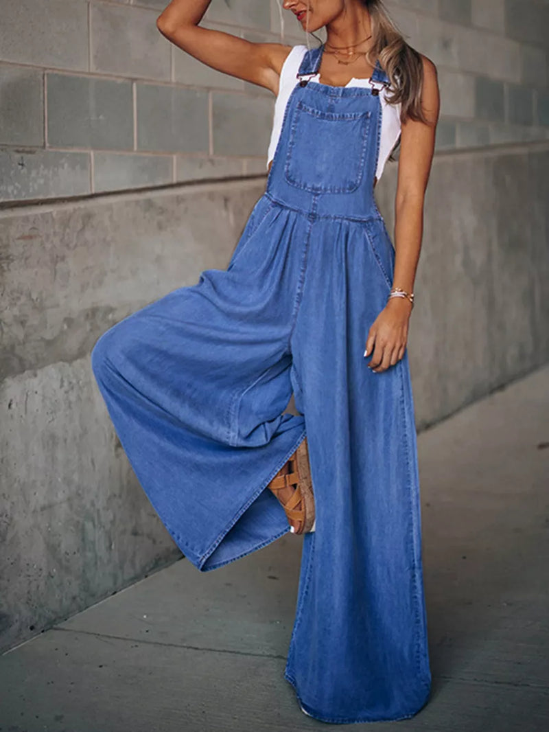 Wide leg denim overalls front
