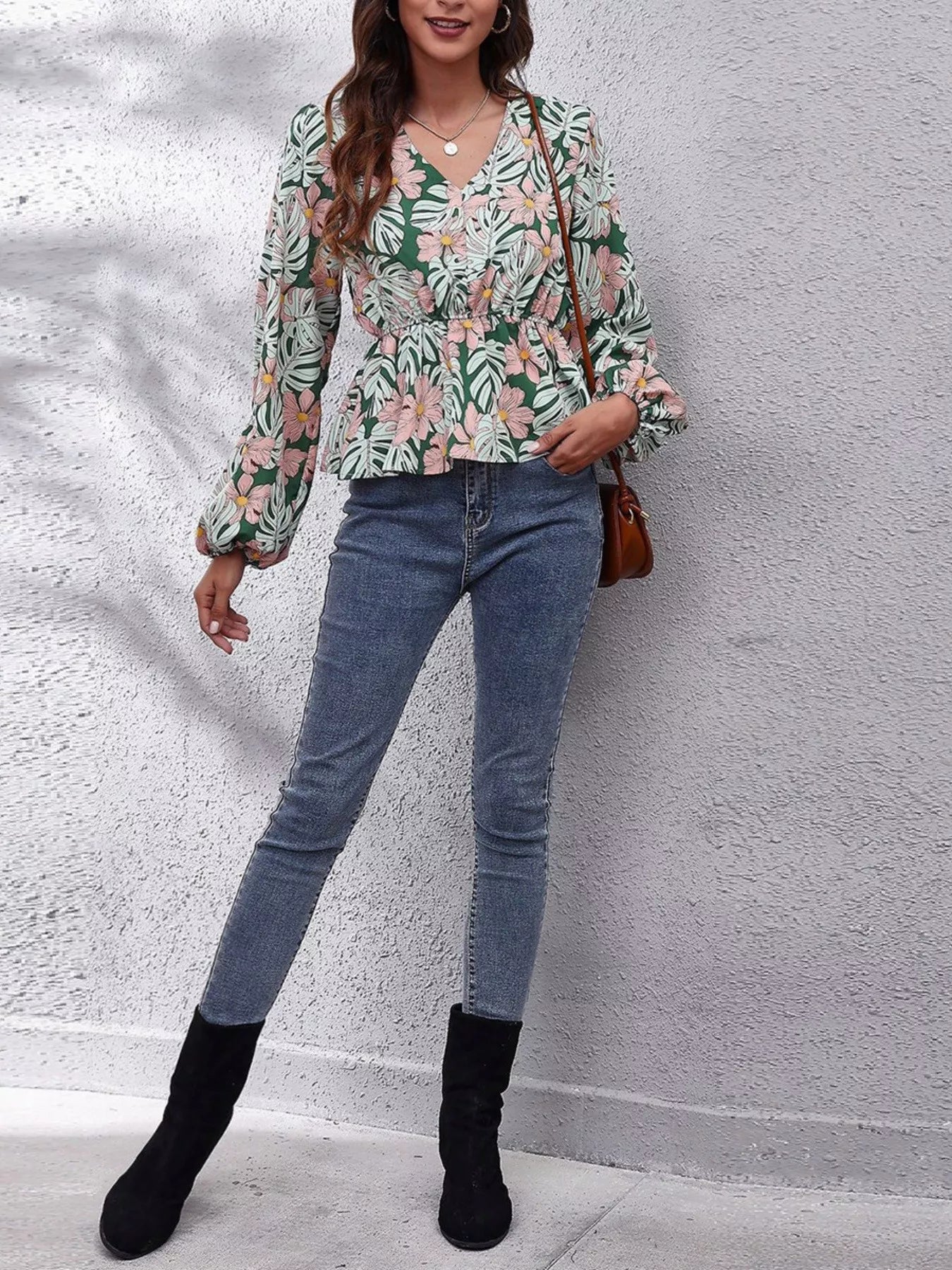 Floral V-Neck Balloon Sleeve Blouse - Fashorio