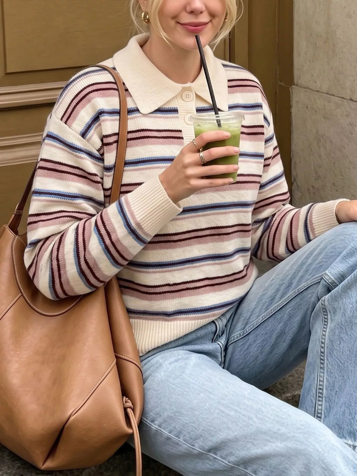 Striped Polo Collar Sweater in Pink side view