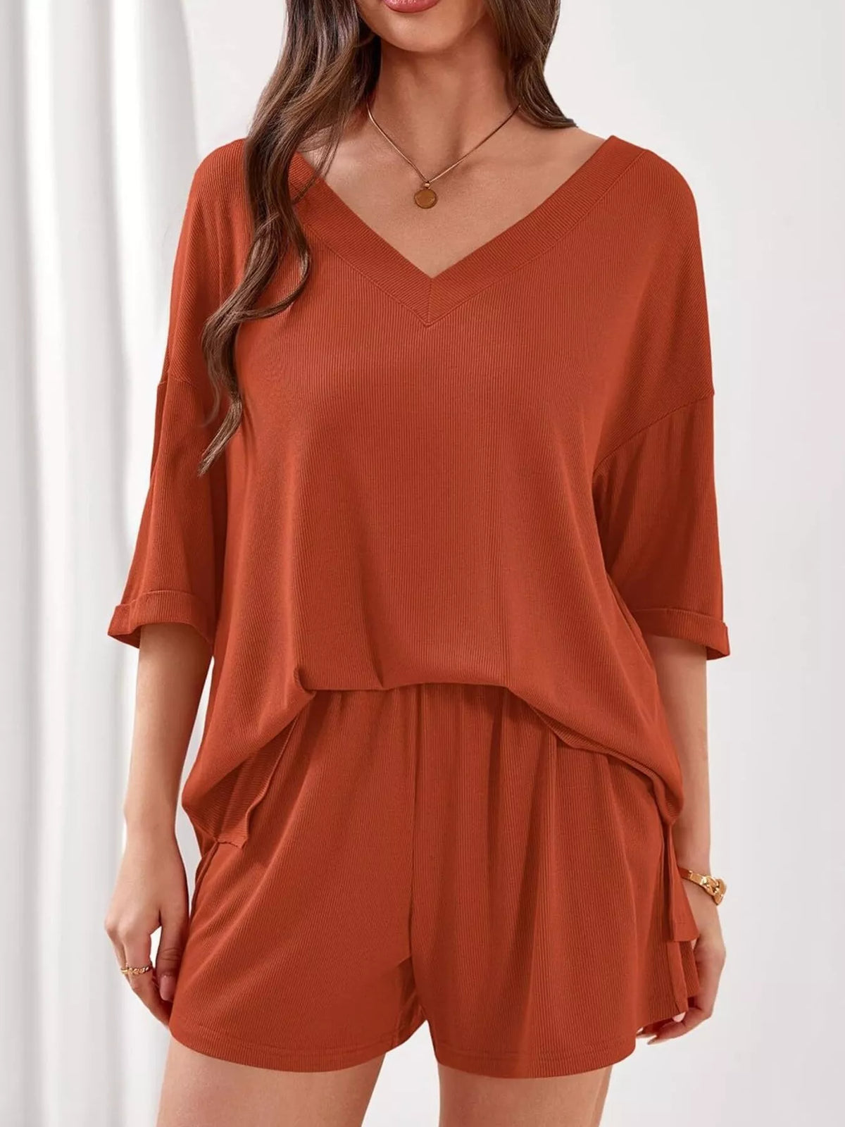 V Neck Top and Shorts Two Piece Set, view 7
