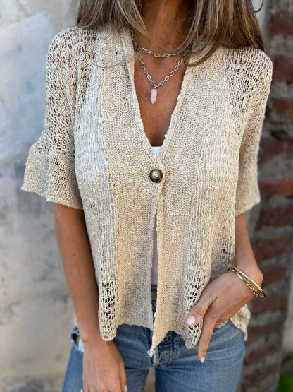 Full Size One Button Openwork Cardigan Plus Size Apricot - Fashorio