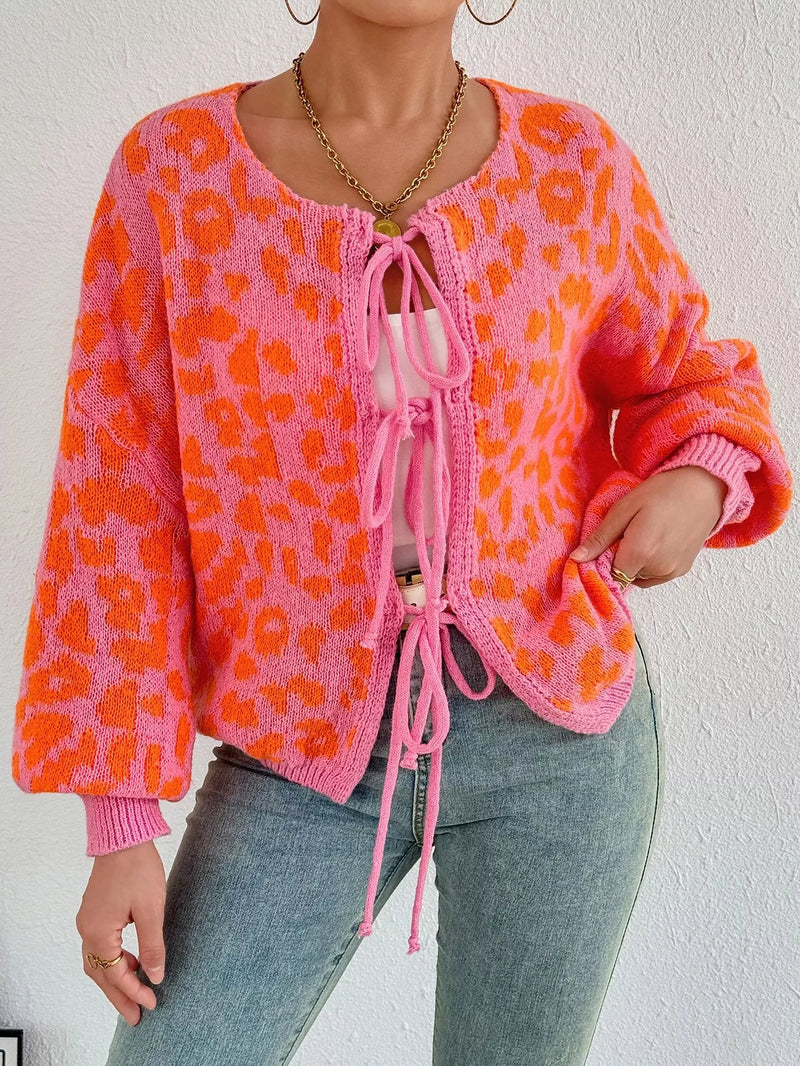 Strawberry leopard tie front cardigan front view