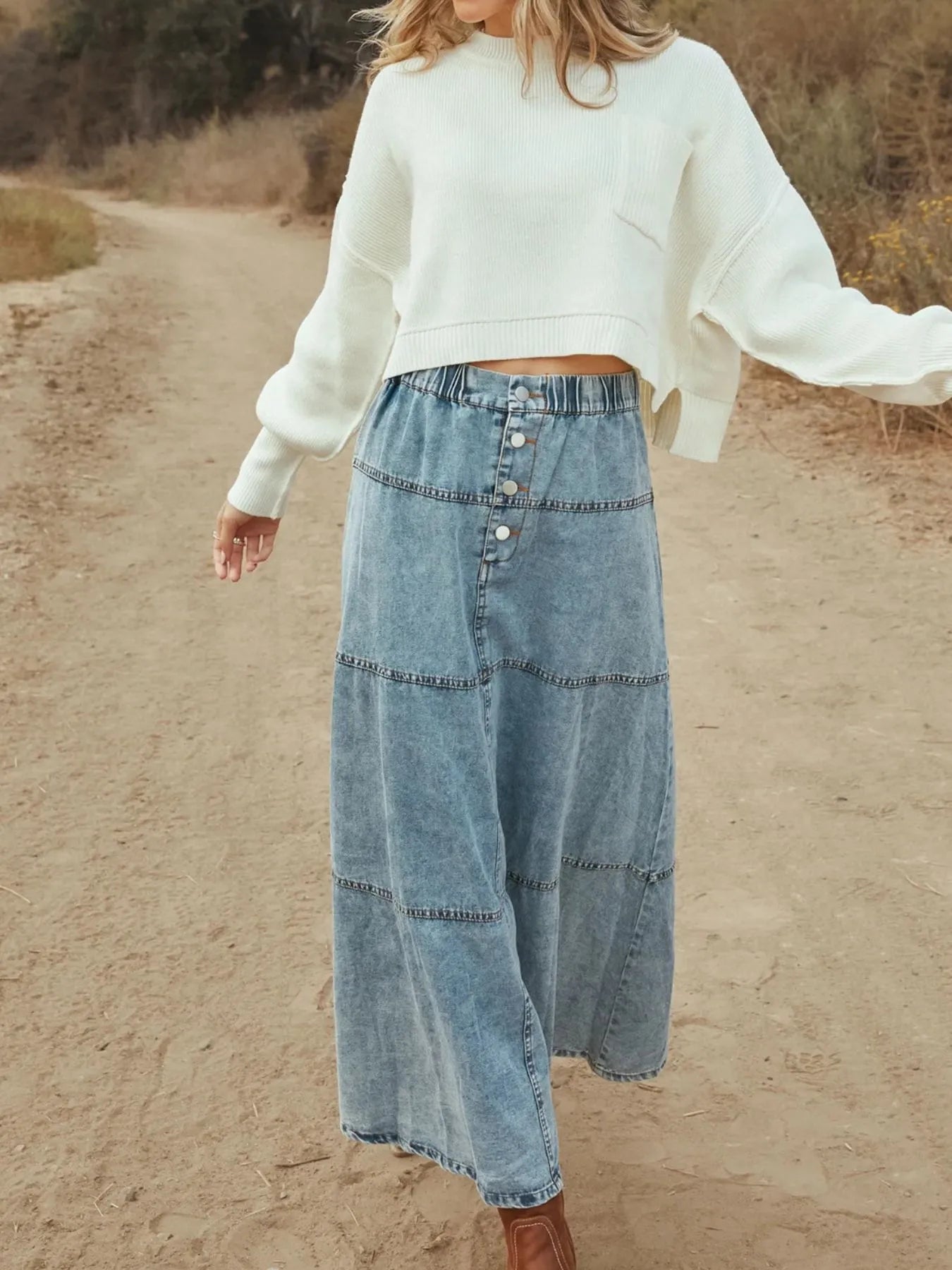Button-Front Tiered Maxi Denim Skirt - Fashorio