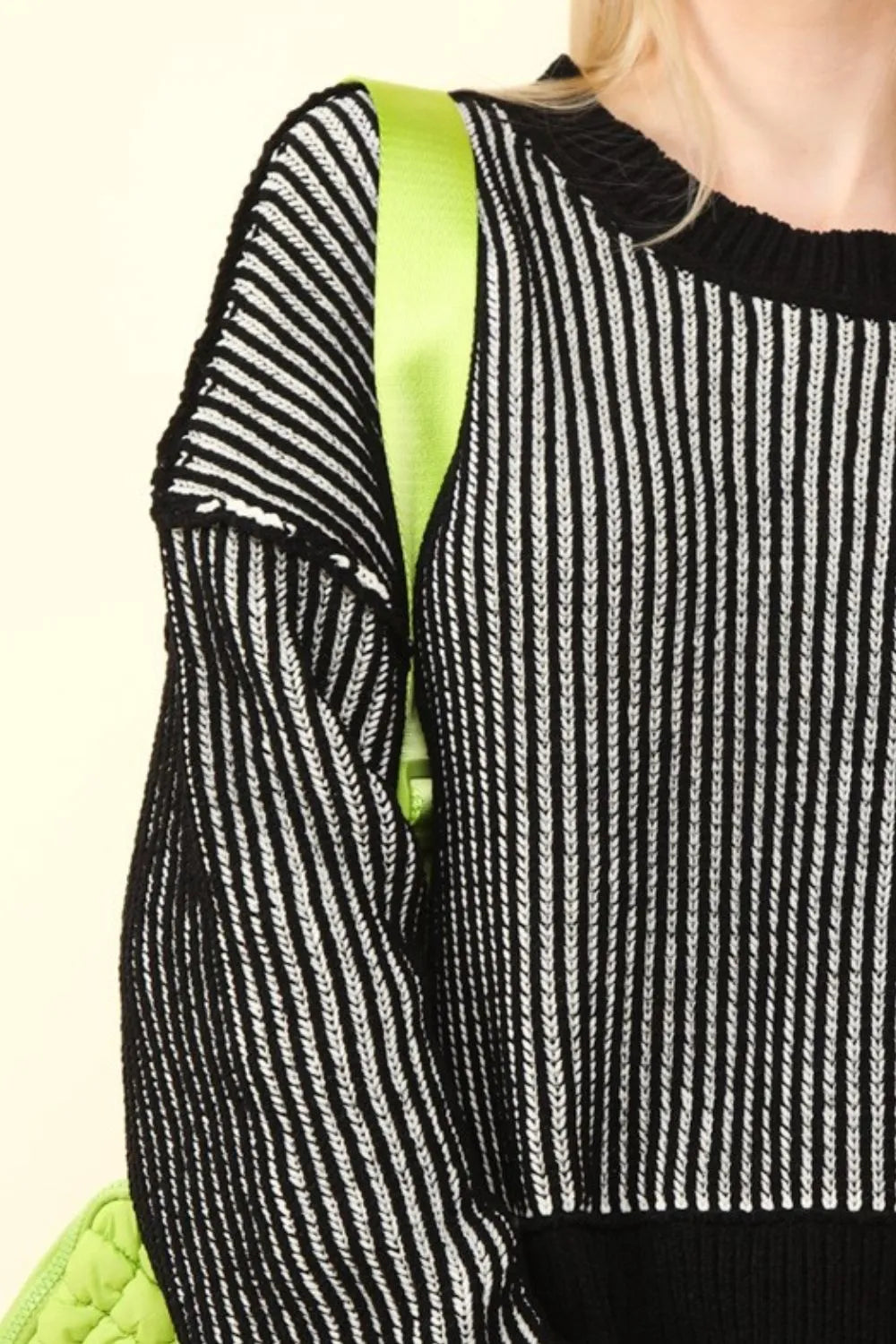 Exposed Seam Cropped Striped Sweater in Black side view