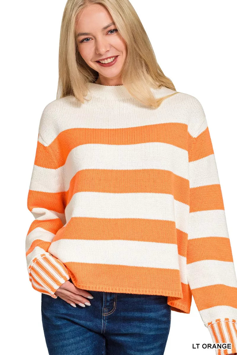 Ribbed Striped Mock Neck Sweater in Orange