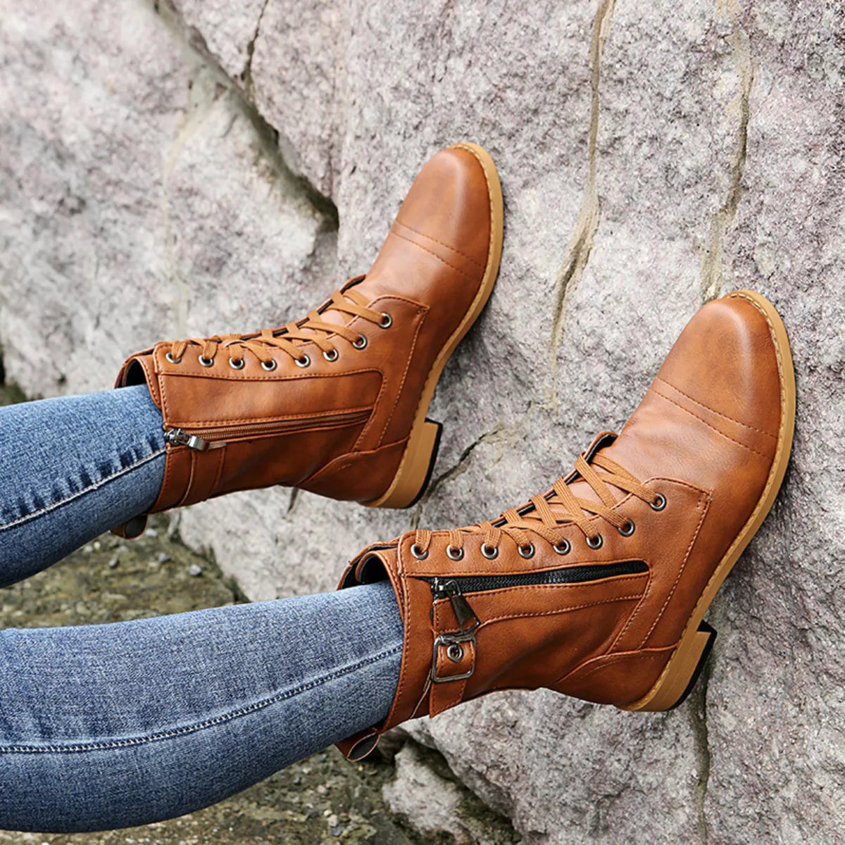 Lace Up Ankle Boots with Zipper Detail top down view