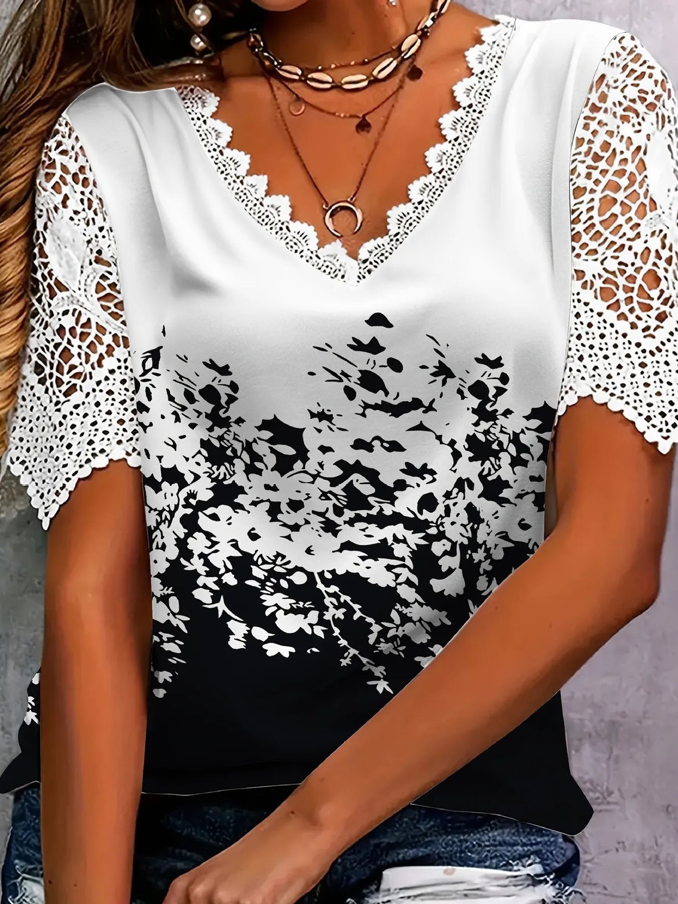 Full Size Printed Lace Sleeve V-Neck T-Shirt Plus Size Black - Fashorio