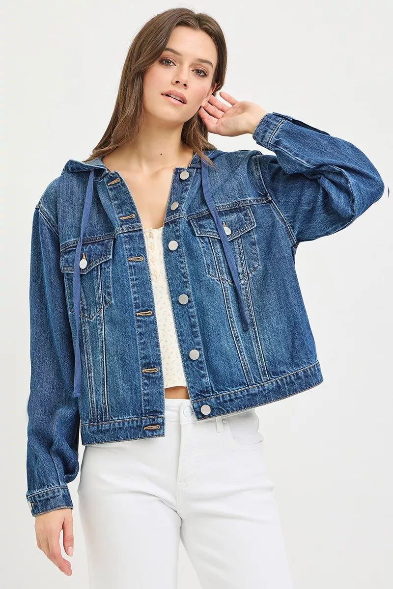 Medium wash hooded denim jacket side view