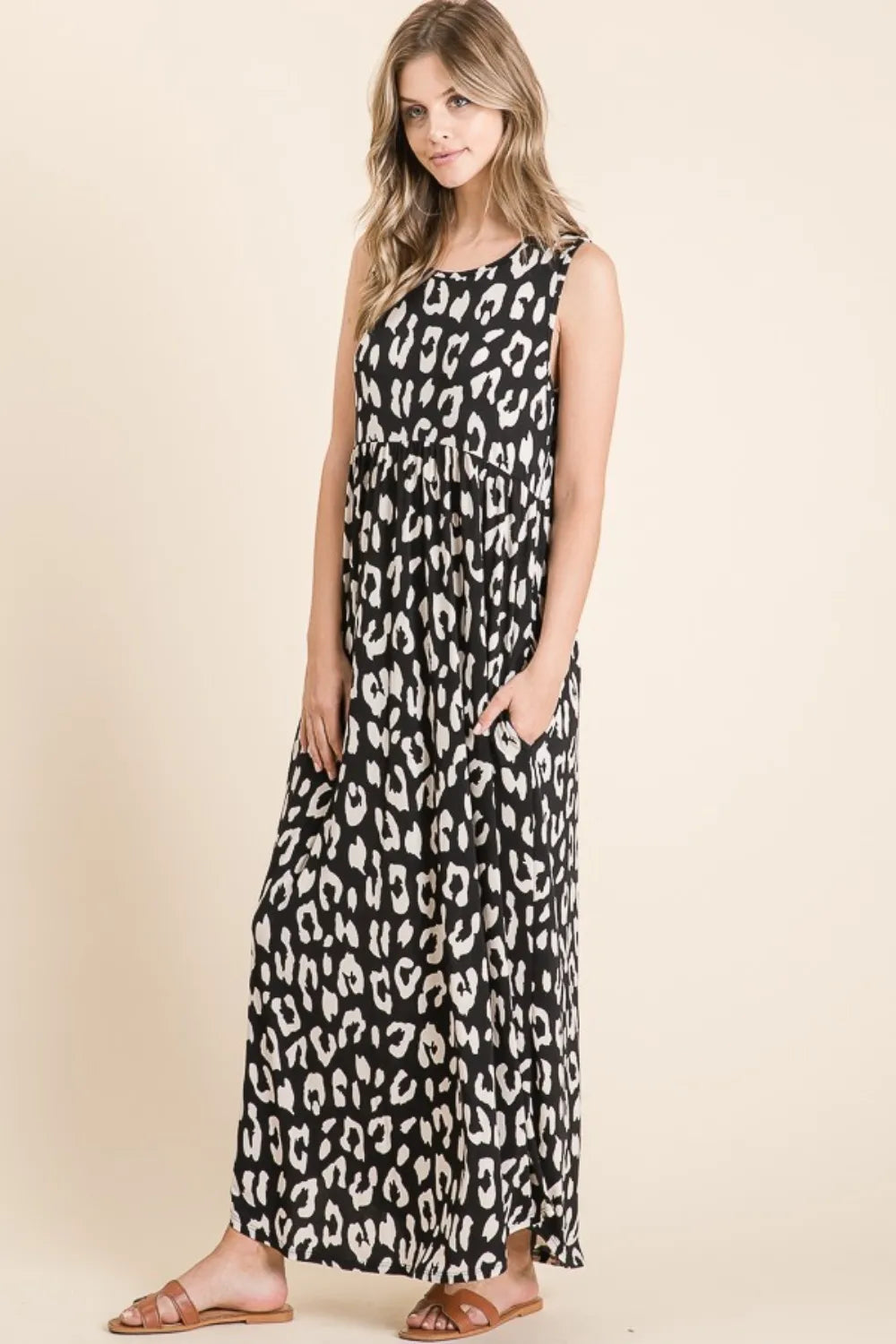 Black leopard print maxi dress with pockets back view