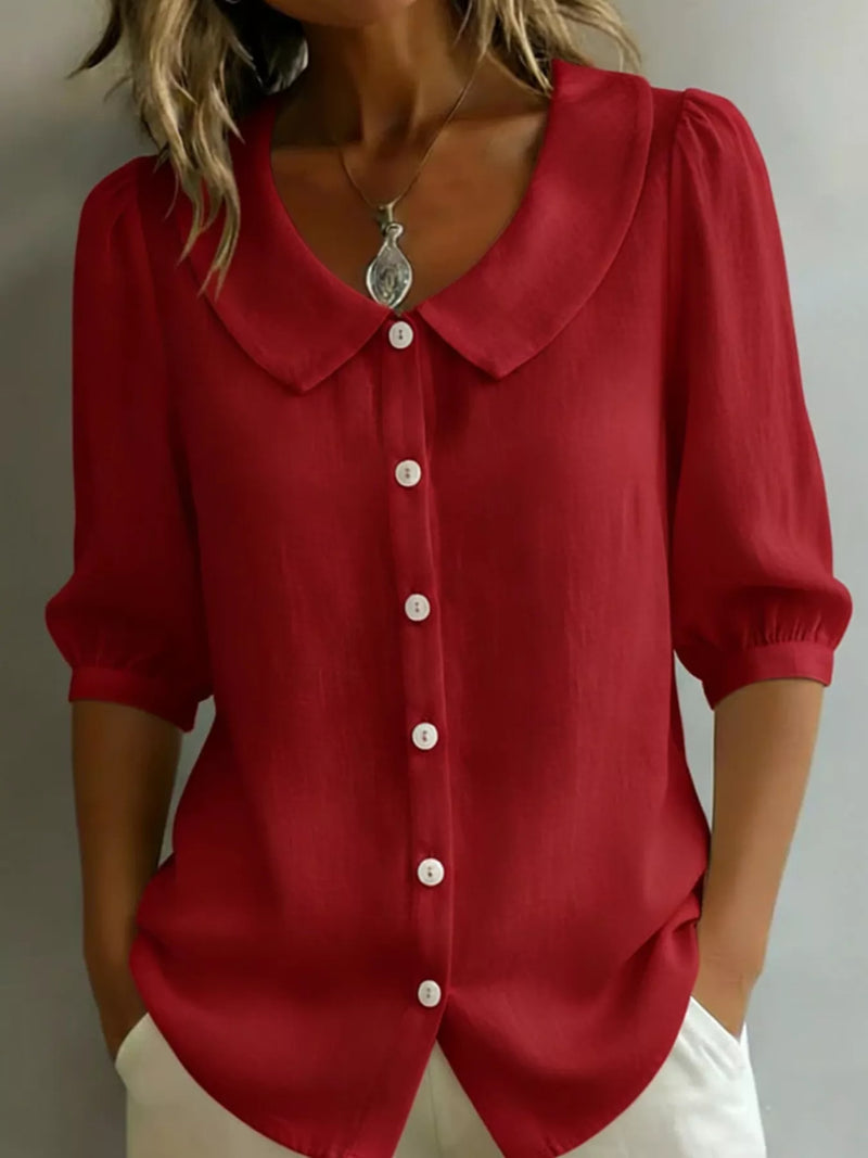 Peter Pan collar button up shirt in red front view
