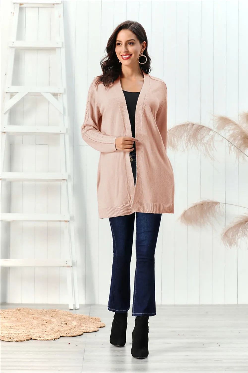 Cable-Knit Open Front Long Sleeve Cardigan - Fashorio