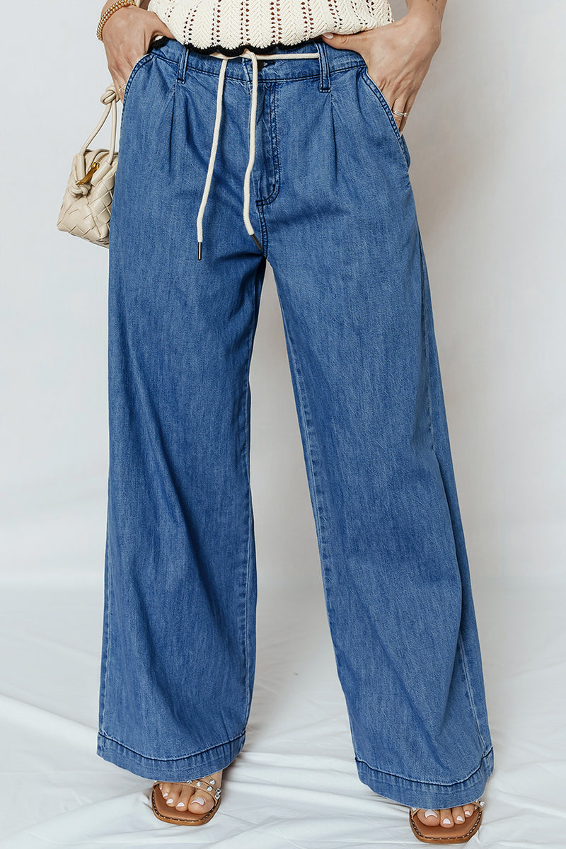 Blue lace up pull on wide leg denim jeans front view