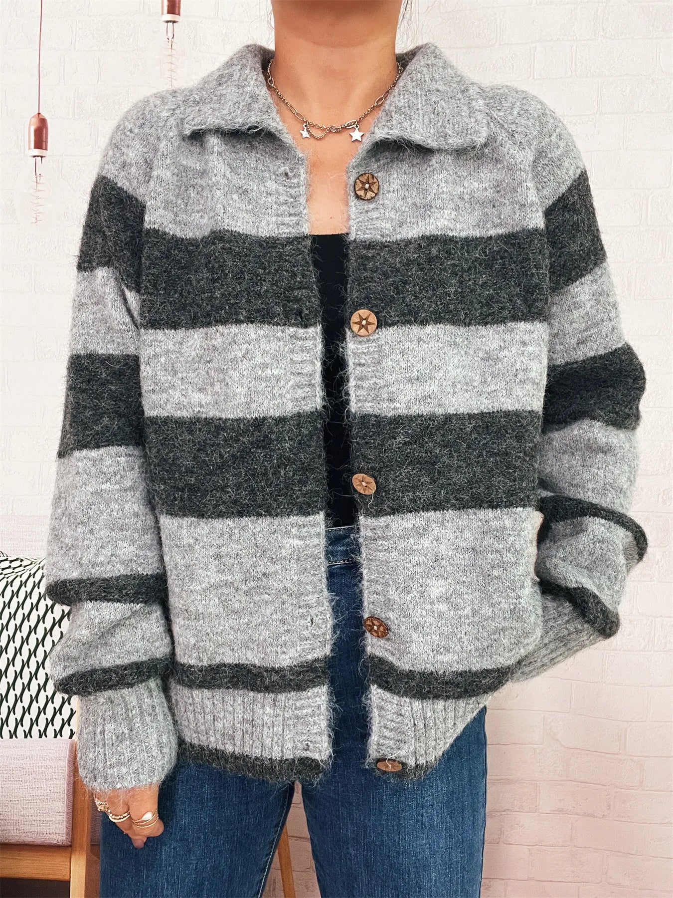 Striped Button-Up Cozy Cardigan - Fashorio