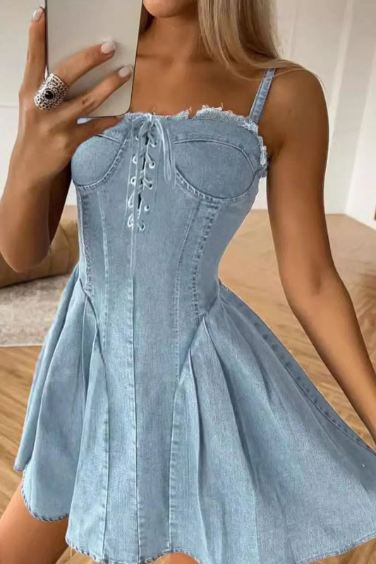 Lace Up Denim Cami Dress Light Blue - Fashorio