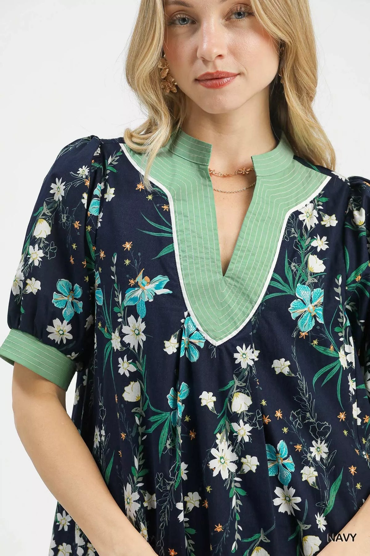 Navy floral puff sleeve contrast trim dress styled outfit view