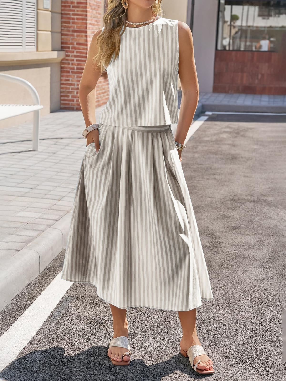 Striped two piece coordinated set hem detail