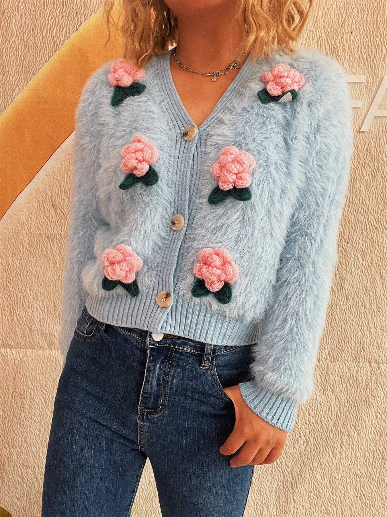 Flower Fuzzy Button-Up Cardigan Blue One Size - Fashorio