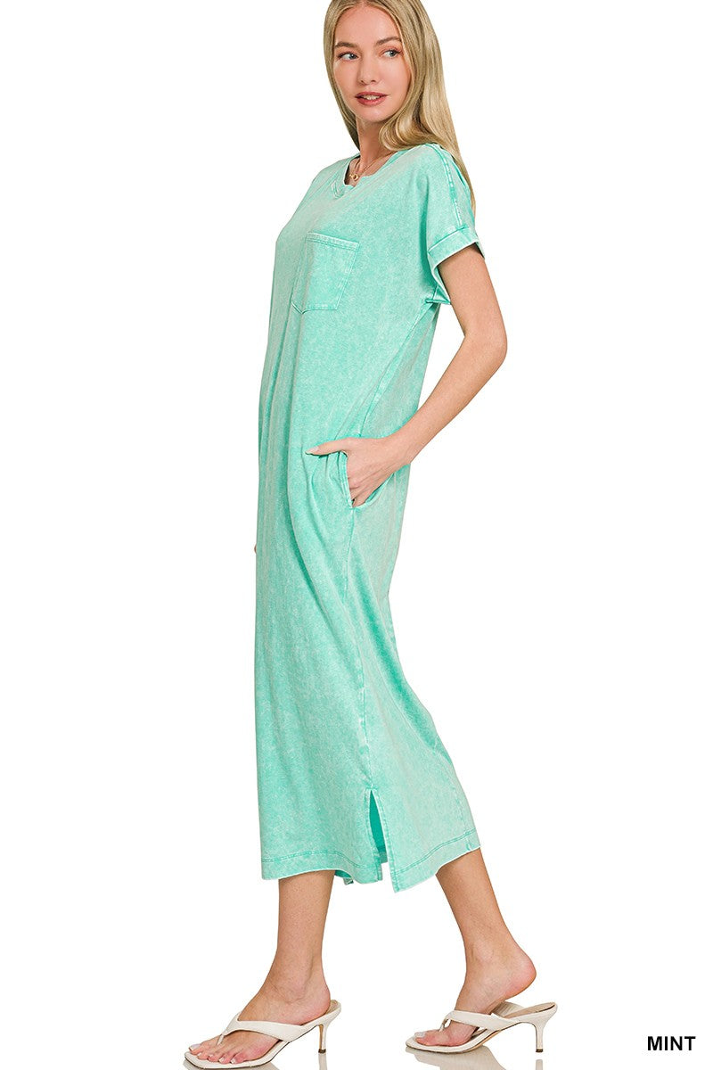 Washed Exposed Seam Short Sleeve T Shirt Dress back view