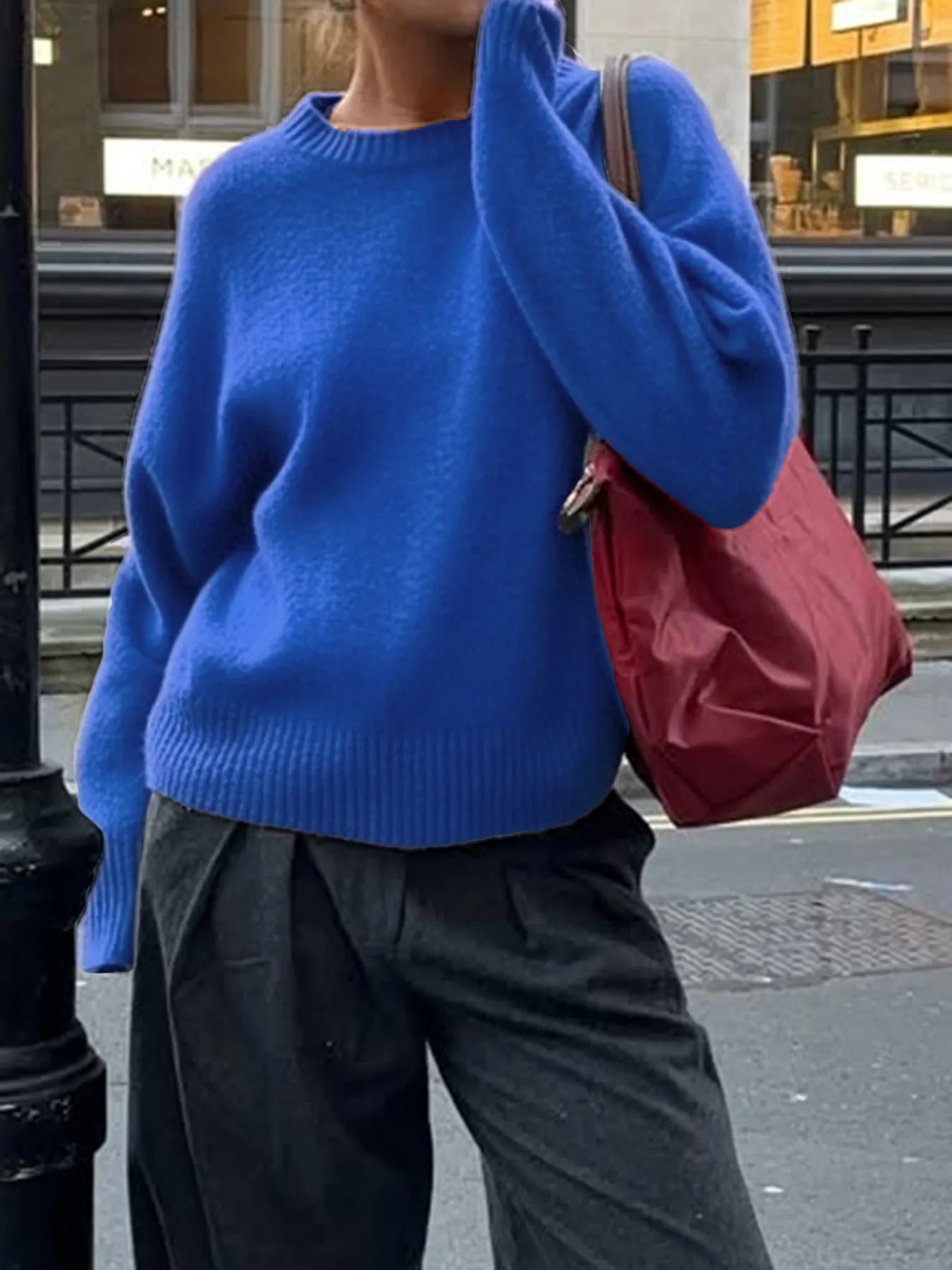 Ribbed Crewneck Drop Shoulder Sweater Blue - Fashorio