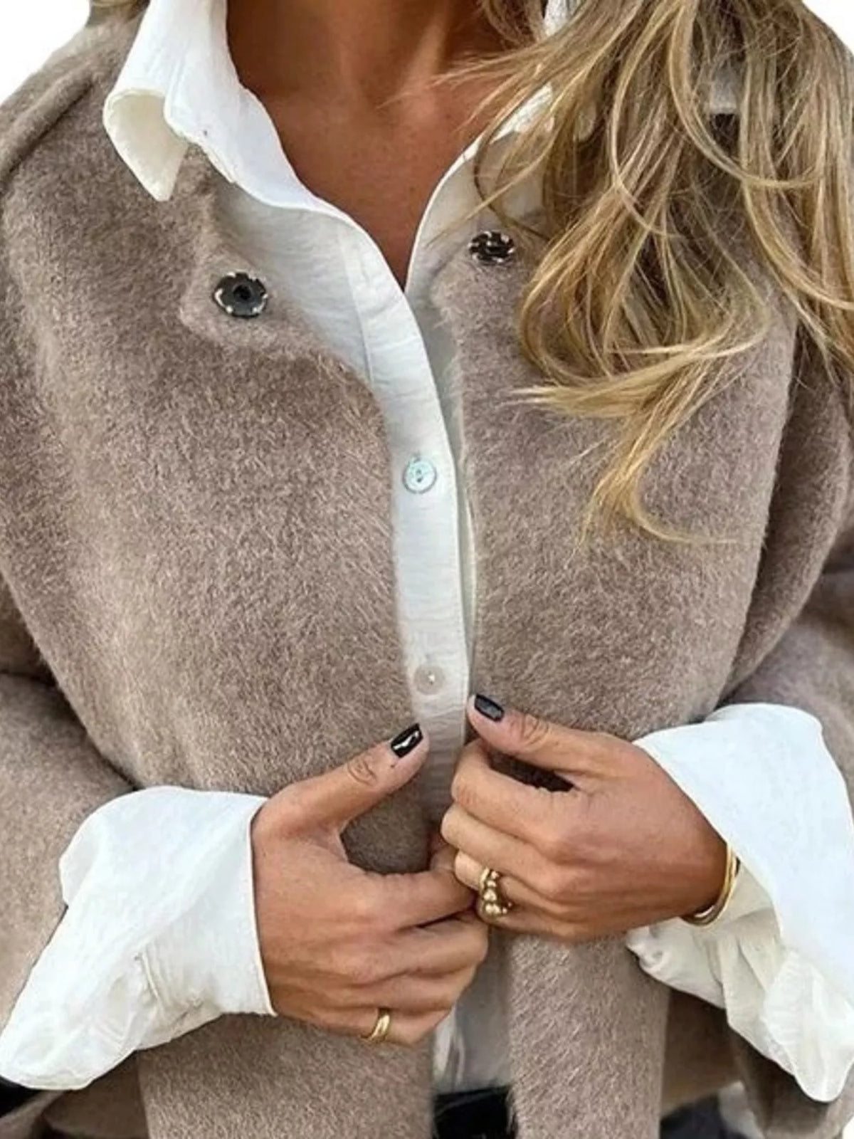 Cozy fuzzy knit cardigan side view
