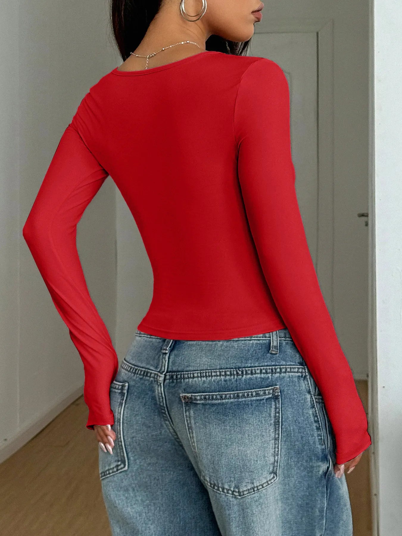 Square Neck Long Sleeve Fitted T-Shirt - Fashorio