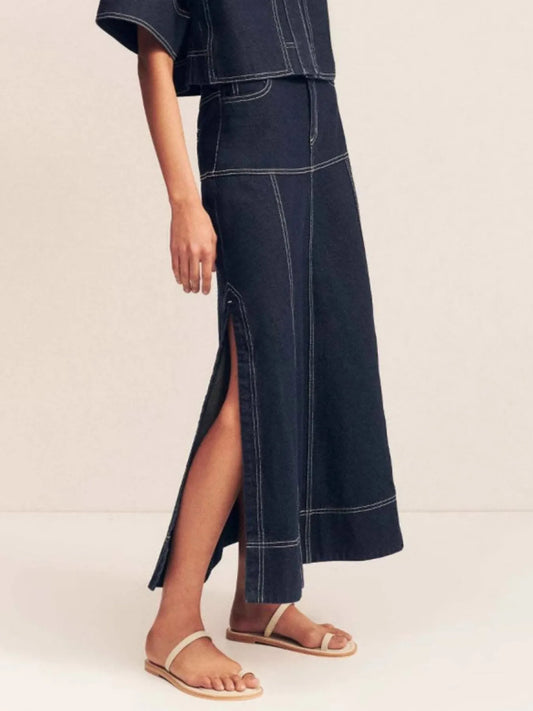 High-Waist Side Slit Contrast Stitch Denim Maxi Skirt Dark - Fashorio