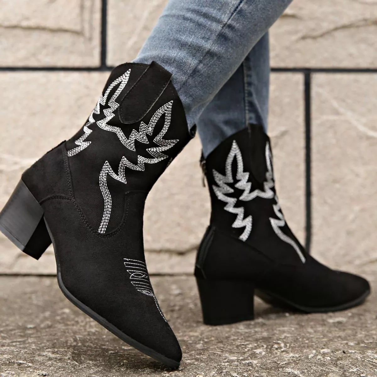 Point toe block heels boots upper texture detail