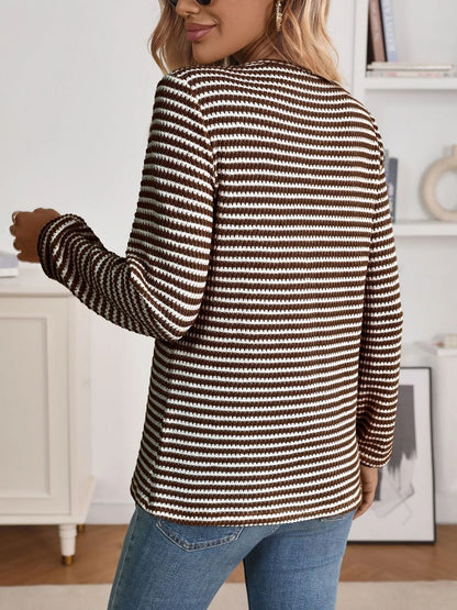 Striped Button Detail Long Sleeve Top - Fashorio