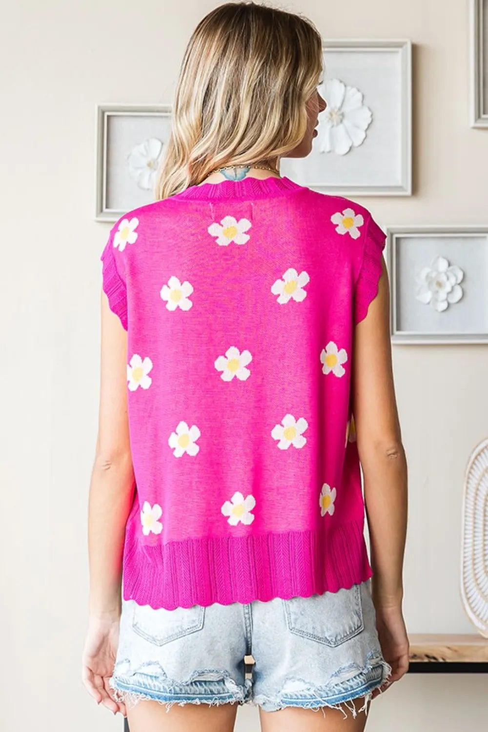 Floral Round Neck Sweater Vest back view