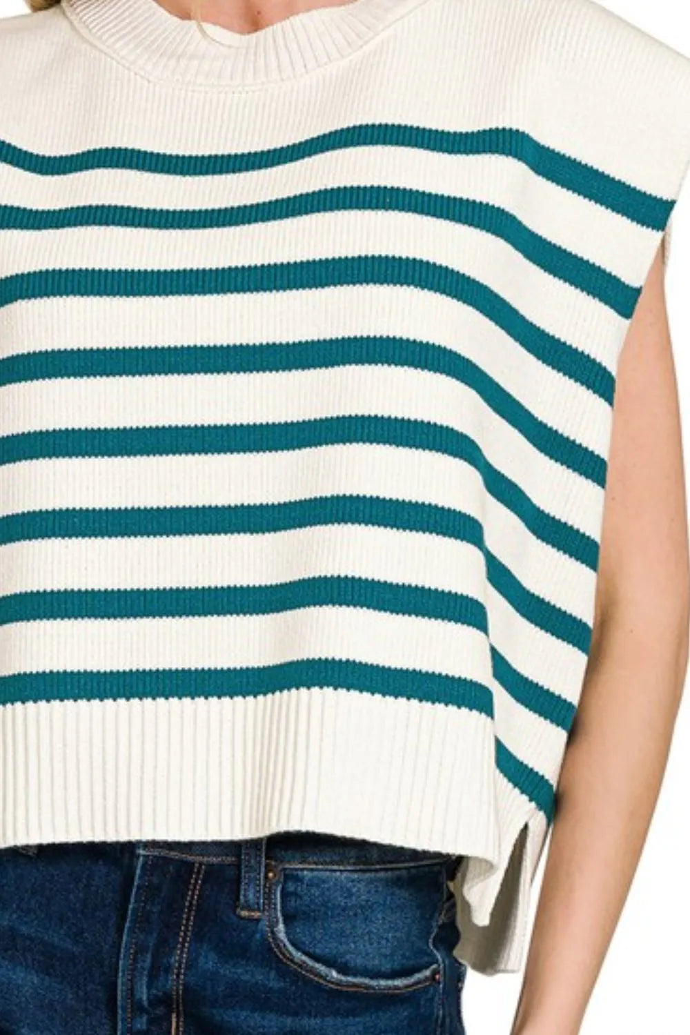 Oversized Striped Crew Neck Sweater Vest in Teal side view