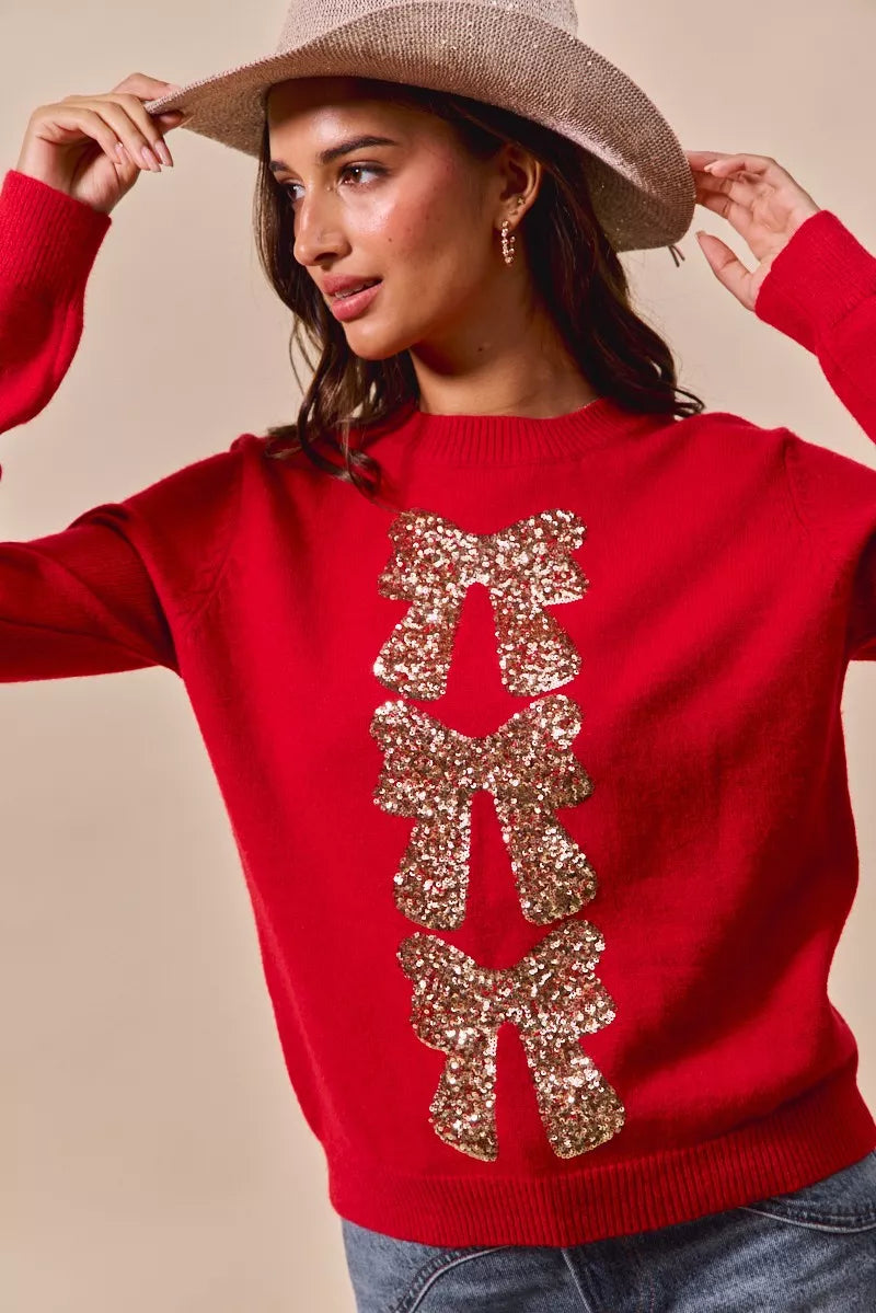 Sequin Bow Ribbon Christmas Sweater in Red and Gold back view
