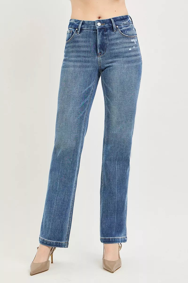 RISEN mid rise straight leg jeans with tummy control front view