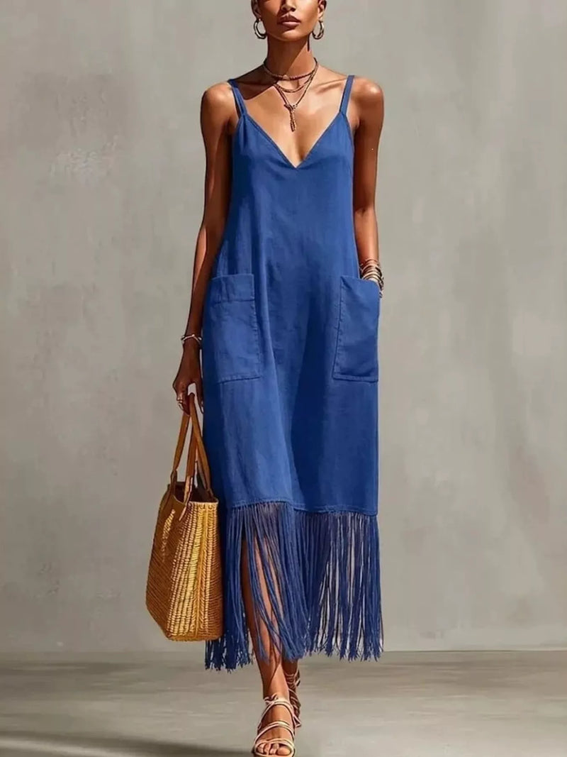 Plus size fringe v neck spaghetti strap dress front view