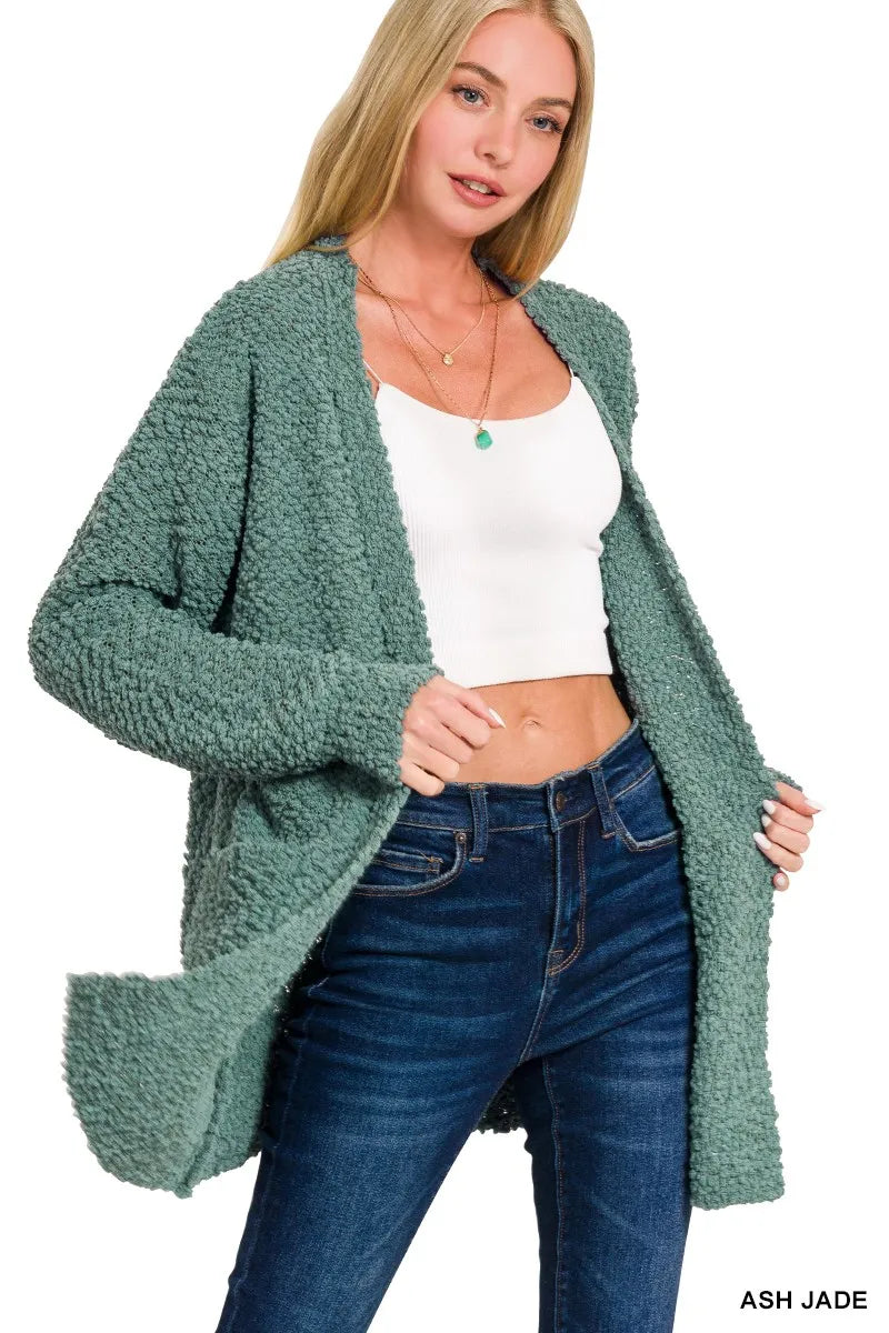 Zenana Long Sleeve Popcorn Sweater Cardigan with Pockets - Fashorio