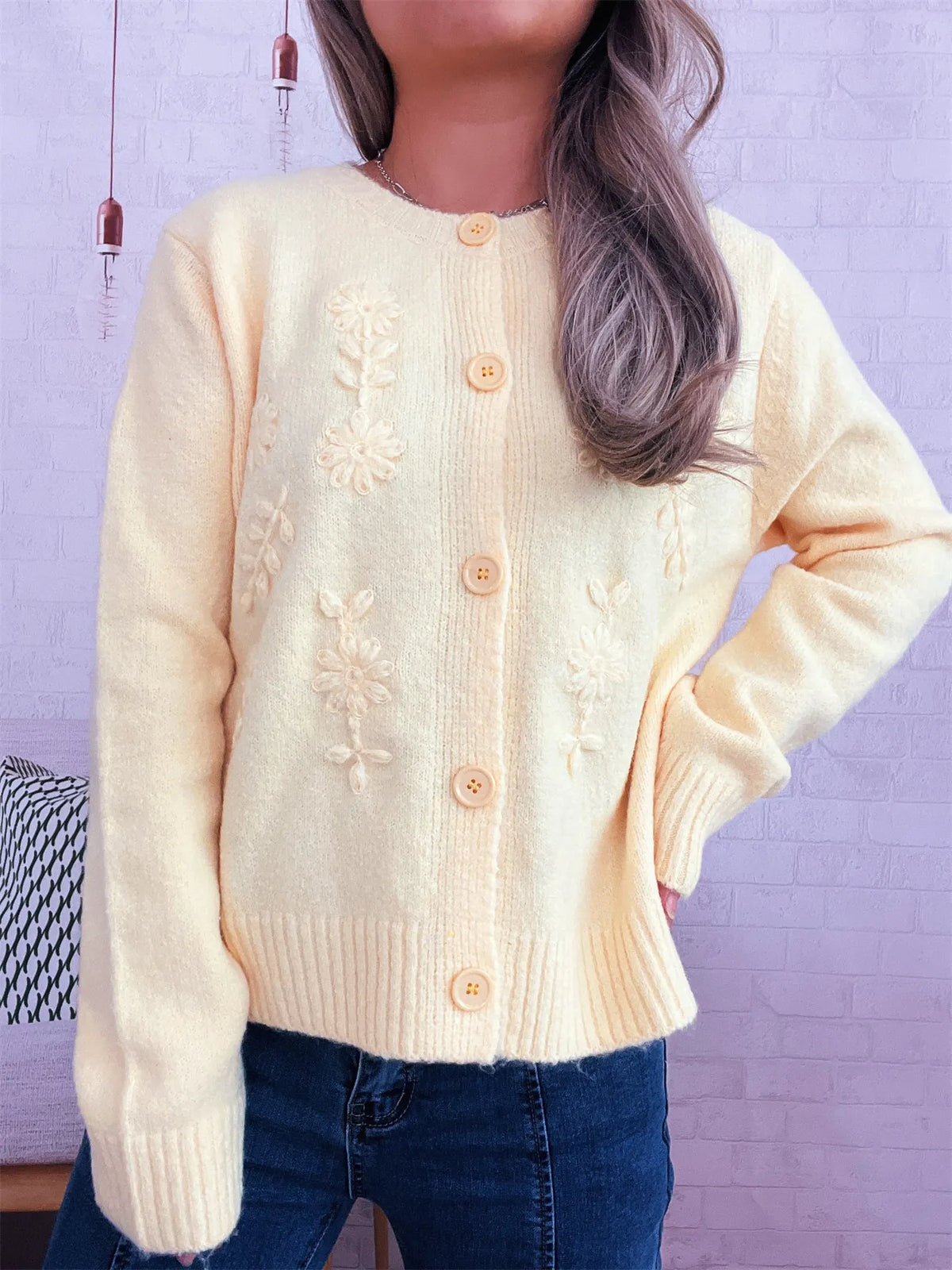 floral embroidered button up ribbed cardigan on model