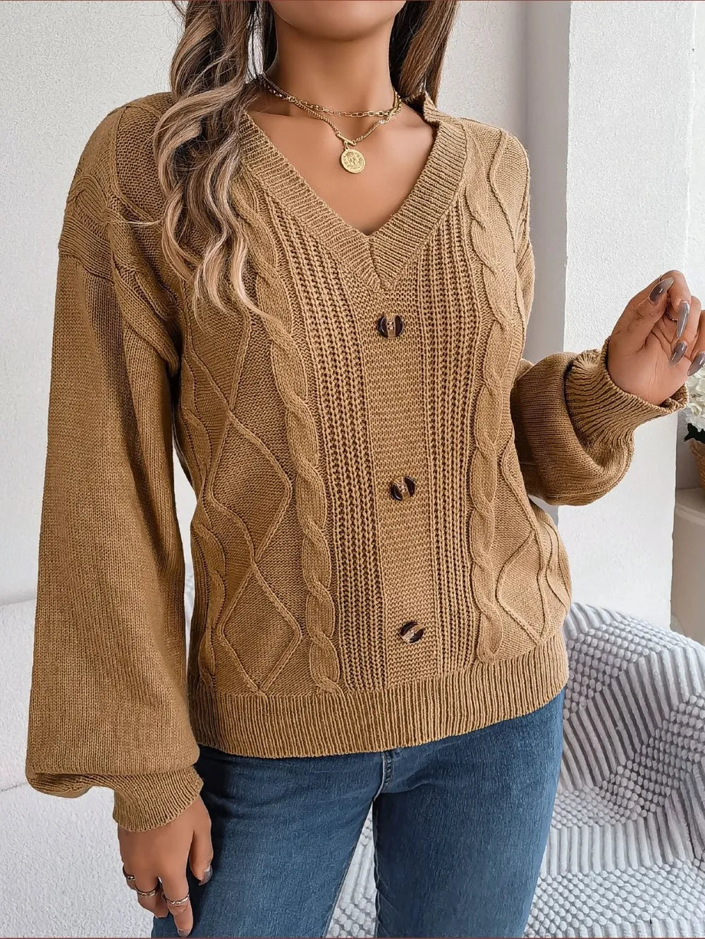 Cable-Knit Buttoned V-Neck Sweater Khaki - Fashorio