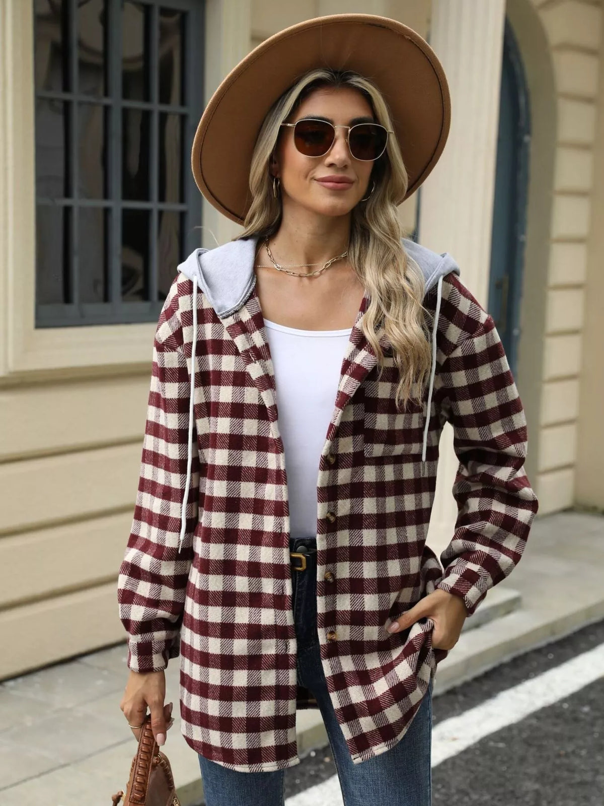 Plaid Hooded Drawstring Jacket in Black view 18