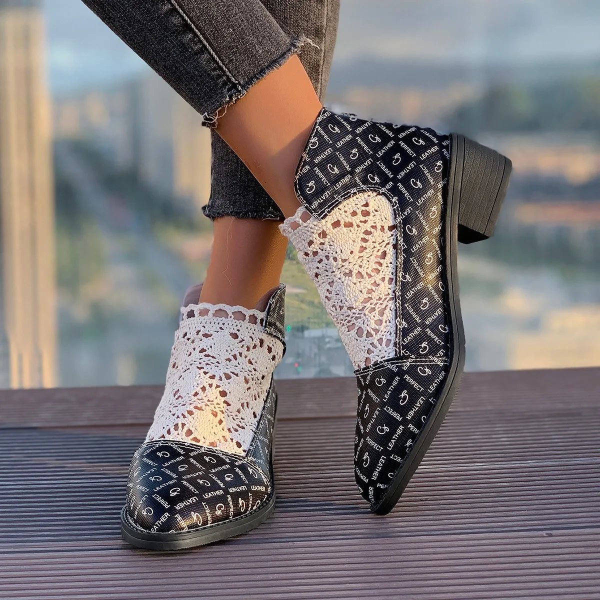 Printed Point Toe Block Heel Boots back heel view