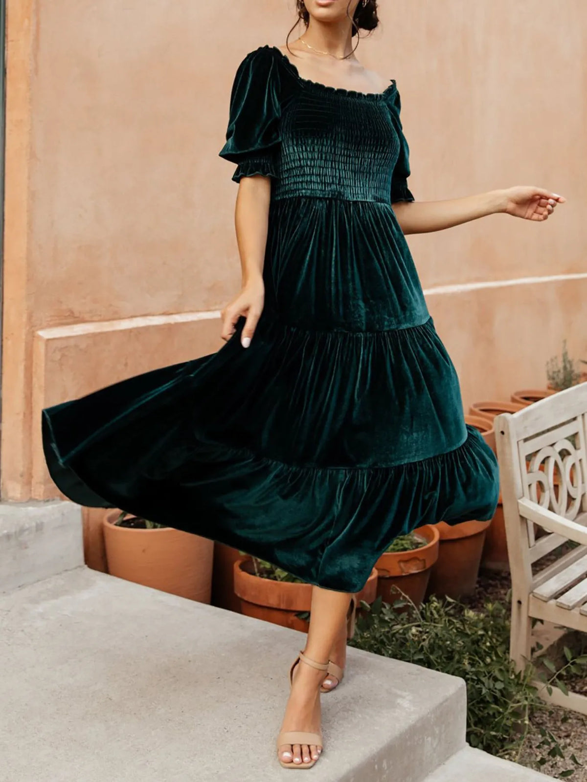 Smocked Half Sleeve Tiered Midi Dress smocked bodice detail