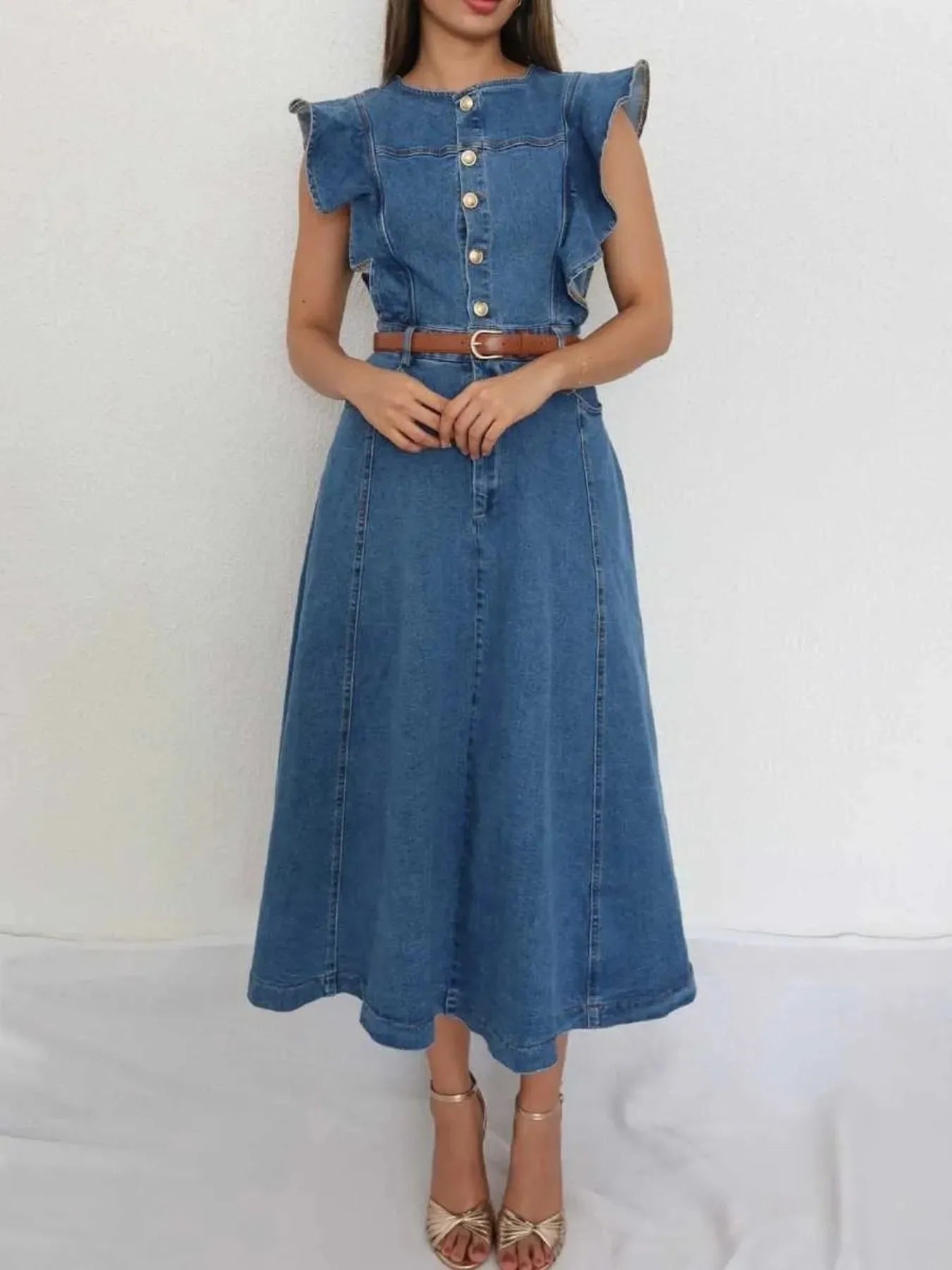 Button-Front Ruffle Sleeve Denim Midi Dress - Fashorio