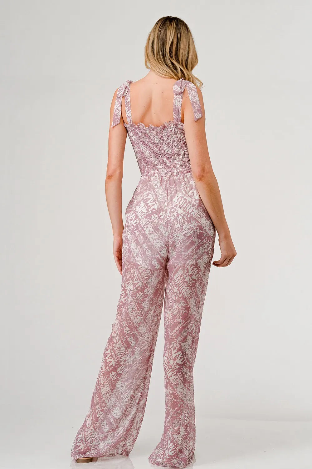 Printed Tie Shoulder Wide Leg Jumpsuit back view