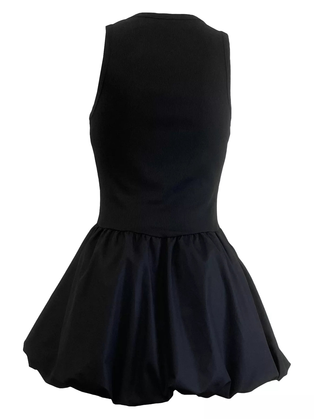 Angled view of the black bubble hem party dress