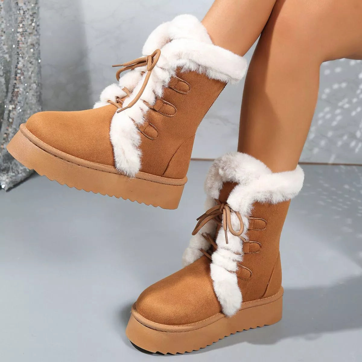 Fuzzy Trim Lace Up Platform Boots pair styled together