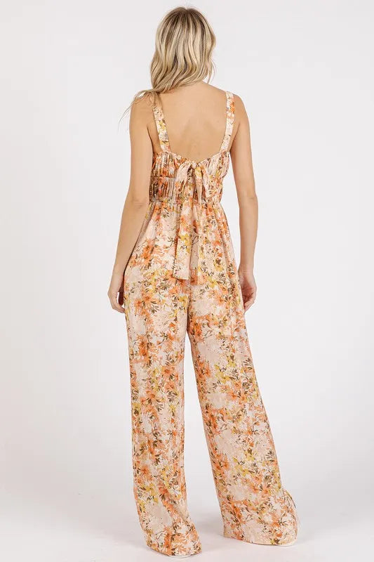 Floral print jumpsuit gathered bust detail